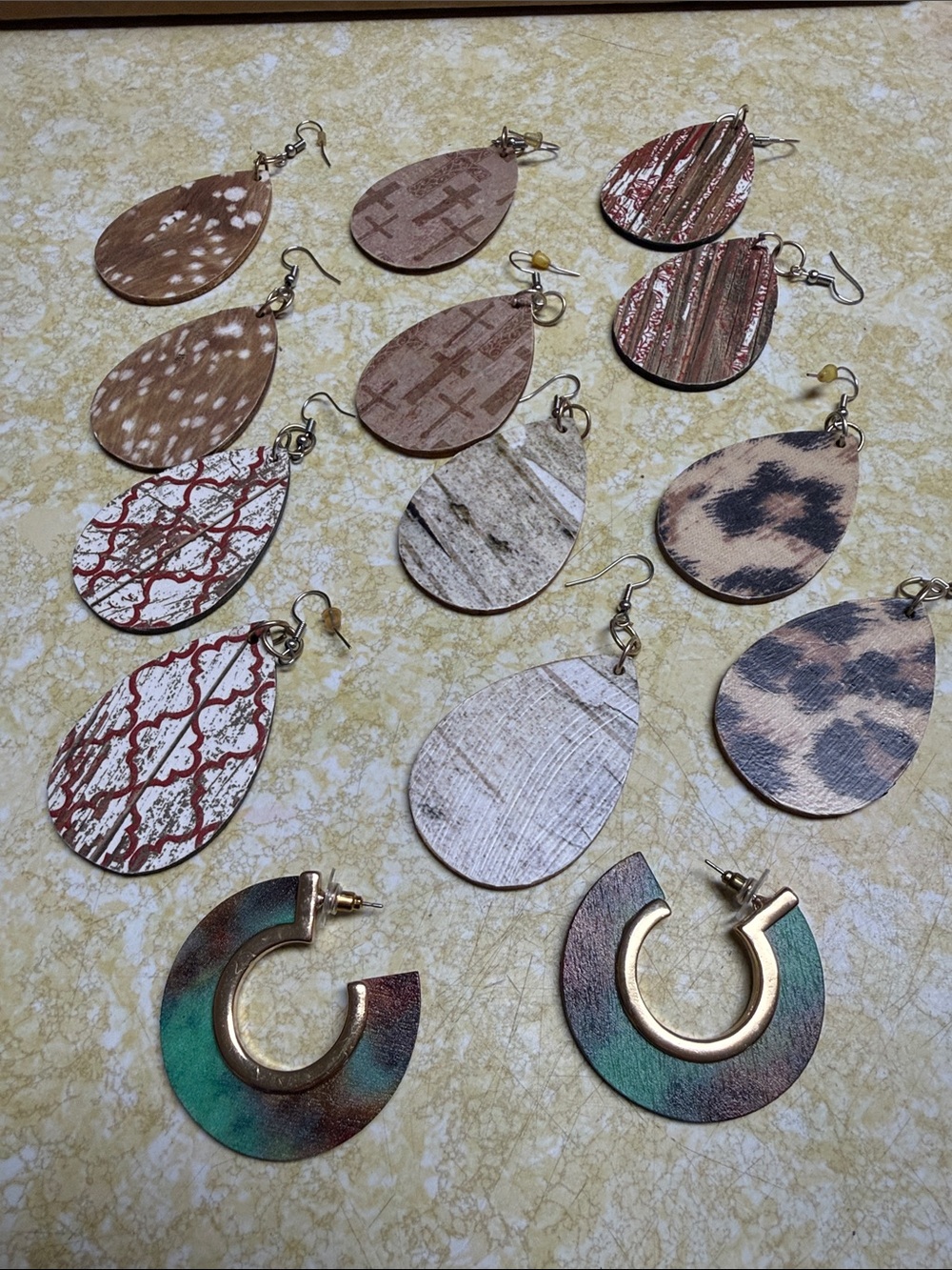 Teardrop & Hoop Mixed Wood Earrings - Brown, Tan, Cream & Green, wood texture ,